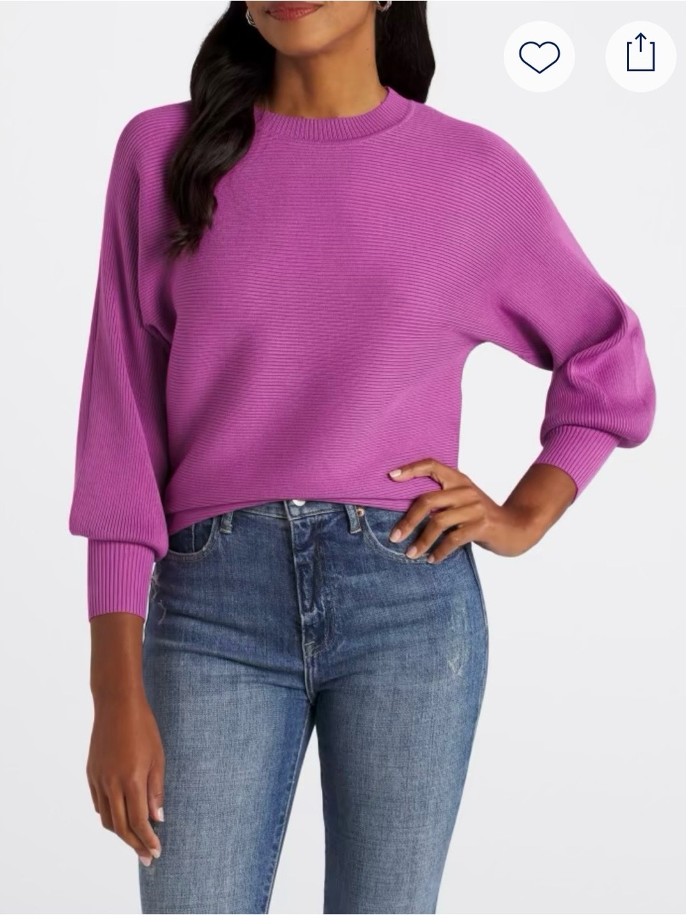 Crewneck Ribbed Balloon-Sleeve Sweater in Bright Purple